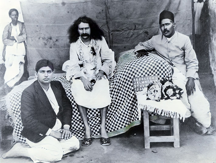 11 March 1930 : Bijapur - Meher Baba with Minoo Pohowala and his business partner most likely named Anandarao G. Shirali - photographer Narayanrao Kulkarni. Image enhanced by Anthony Zois.