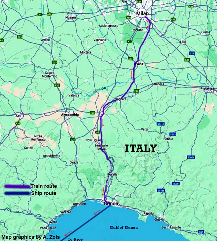Map shows the rail route between Milan & Genoa. There were a couple of train tunnels near Genoa. Map graphics by Anthony Zois.