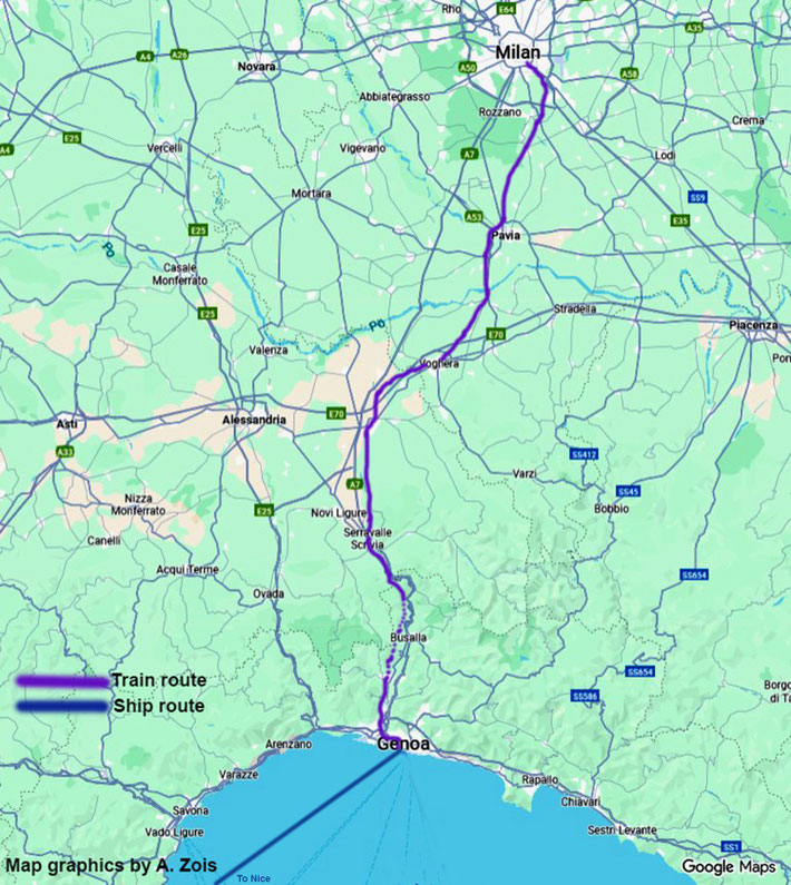 Map shows the rail route between Milan & Genoa. There were a couple of train tunnels near Genoa. Map graphics by Anthony Zois.