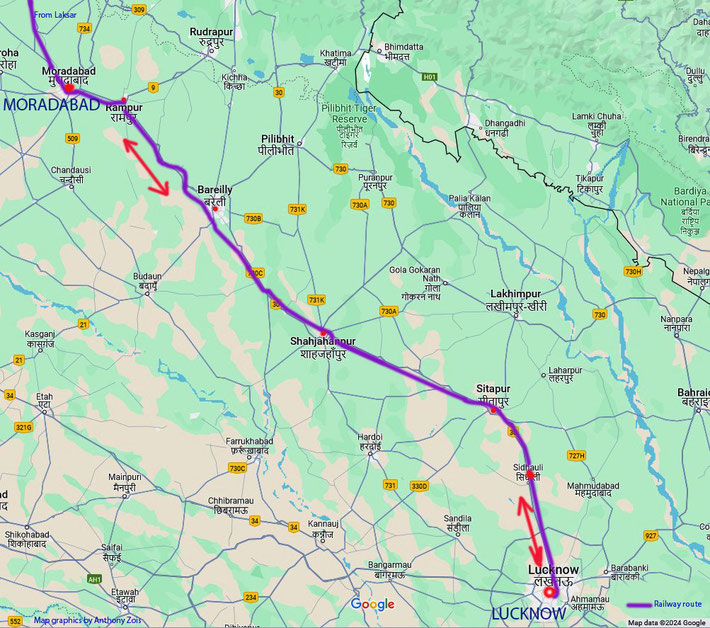 Map shows the next stage of the rail journey between Moradabad & Lucknow. Map graphics by Anthony Zois.