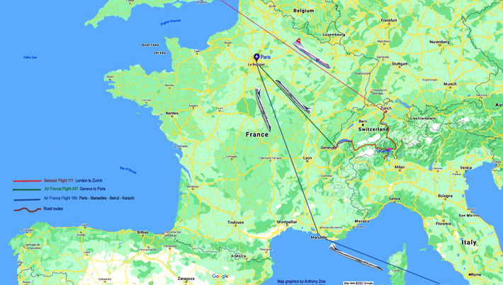 1952 : Map shows the various planes Meher Baba took from London to return to Bombay, India. Map graphics by Anthony Zois.