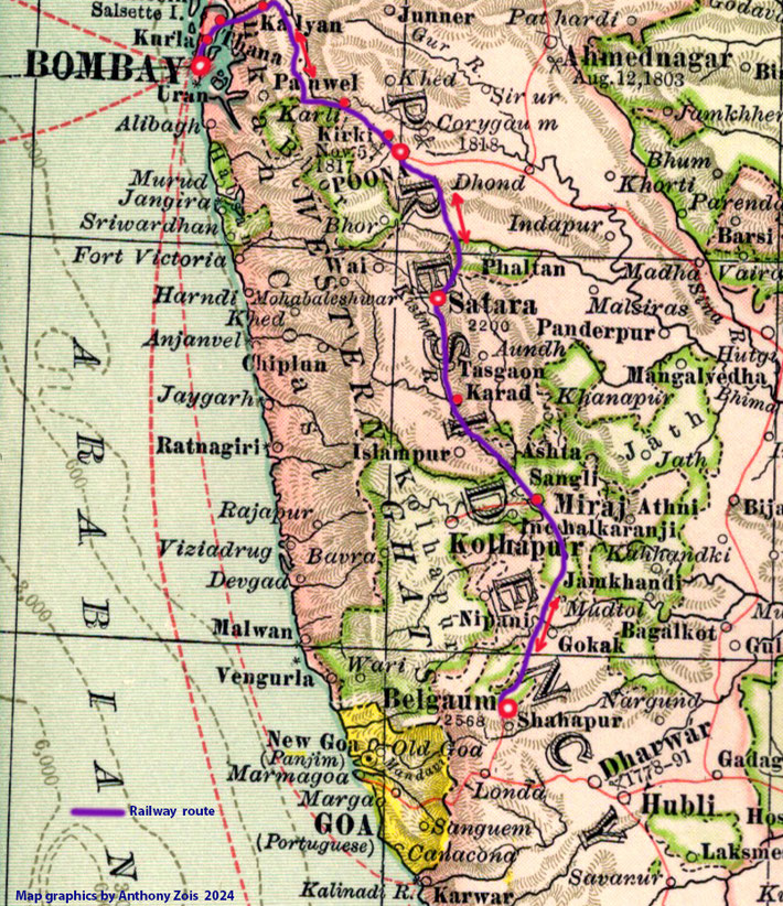 Map shows the rail route from Bombay to Belgaum via Poona. Map graphics by Anthony Zois.