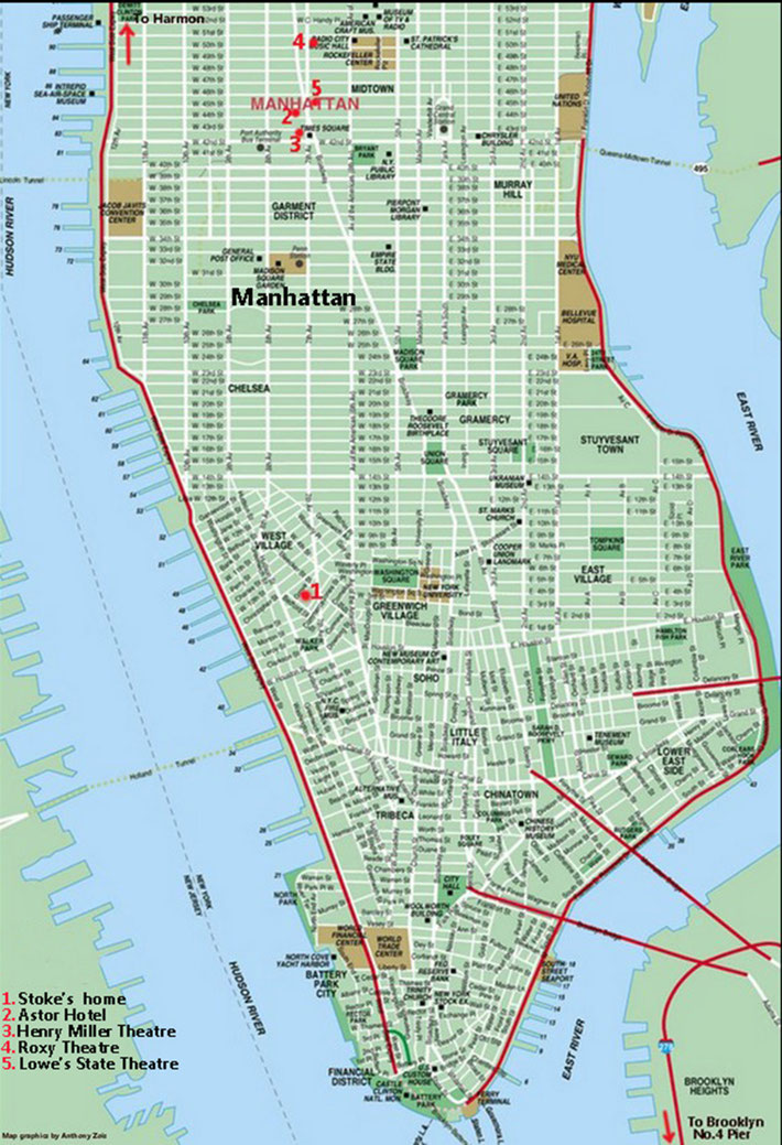 Locations Meher Baba visited in Lower Manhattan. Map graphics by Anthony Zois.
