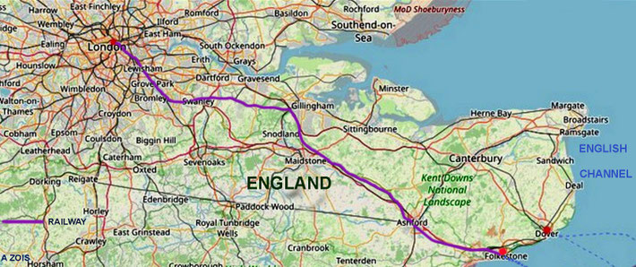 Map shows the rail route from Folkestone to London.