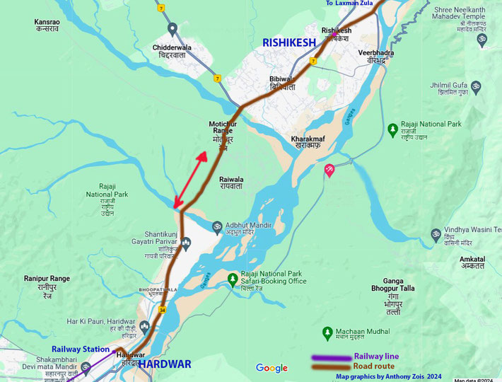 Maps shows the road route from Hardwar Railway Station to Rishikesh. Map graphics by Anthony Zois.