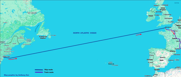 Map shows the ship route from New York to Cherbourg, France, as well as the train to Paris and then to Marseilles. Map graphics by Anthony Zois.