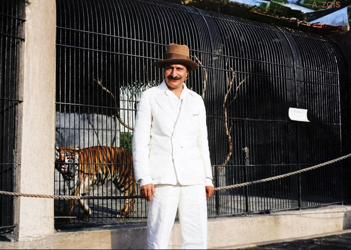 1932 April : Meher Baba at the London Zoo, London, England. Image rendition by Anthony Zois