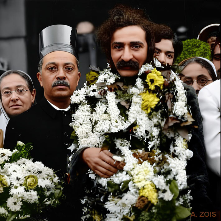 1st January 1932, Bombay wharf, Meher Baba arrived back in India, greeted by his mother Shireen Irani (L), Manekji Confectioner, Agha Ali behind Baba, Gulmai Irani (R). Image rendition by Anthony Zois.