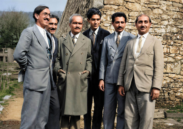 April 1932. Meher Baba's men Mandali (L-R) Chanji, BeheramS., Ghani, Adi S., Adi K., & Kaka Baria in England. Image rendition by Anthony Zois.