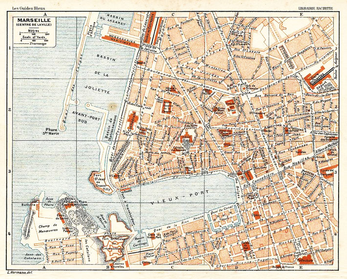 1930s Map of Marseilles, France.
