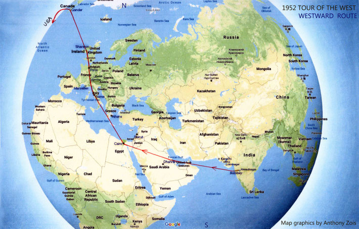 Map 2 : 1952 - Meher Baba's visit to the West - 1st part of the route Westward.