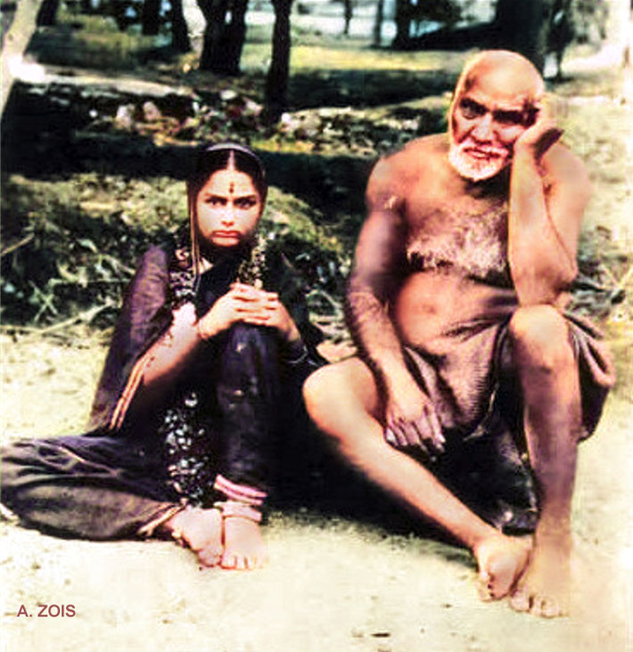 About 1920 : Perfect Master Upasni Maharaj with his young female disciple Godavrimai. Image rendered by Anthony Zois.