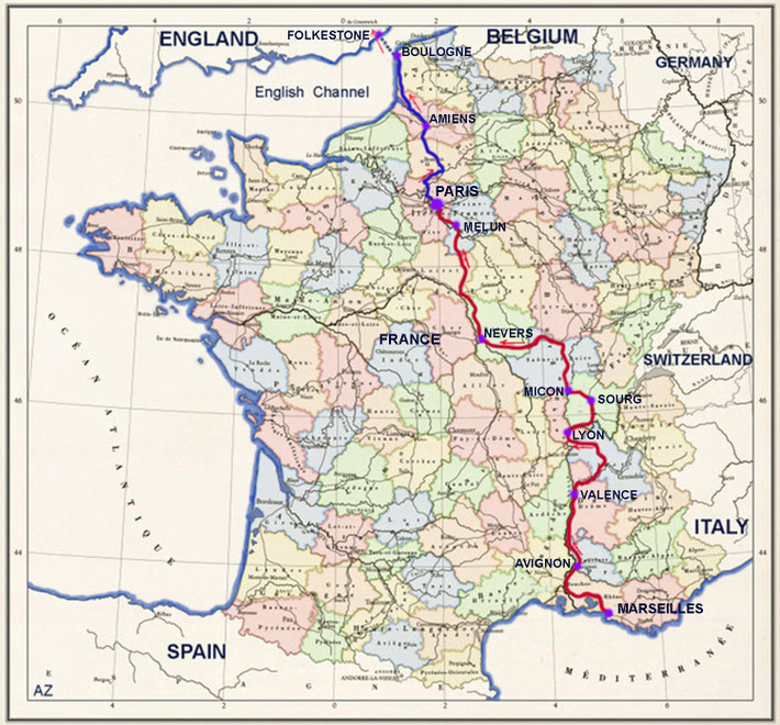 Map shows the French train route from Marseilles to Paris, that Meher Baba had taken, then the train to Boulogne, followed by the ferry to Folkestone. Map graphics by Anthony Zois.
