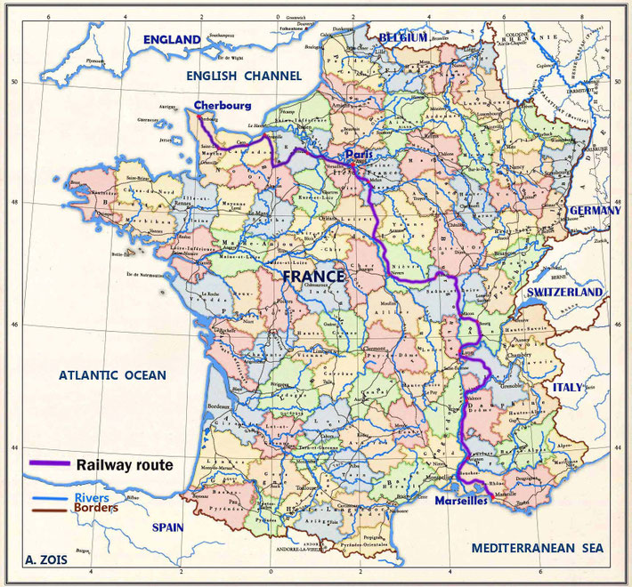 Map shows the rail route from Cherbourg to Paris, then to Marseilles. Map graphics by Anthony Zois.