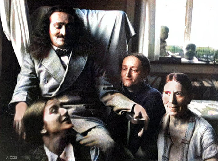  1934 : Meher Baba at the Merten's home in Zurich with Anita De Caro ( left front ), Margaret Craske ( right ), & Kitty Davy ( right front ).   Image rendered by Anthony Zois.