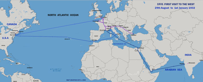 The map shows all the various routes taken by Meher Baba on his 1st visit to the West. Map graphics by Anthony Zois.