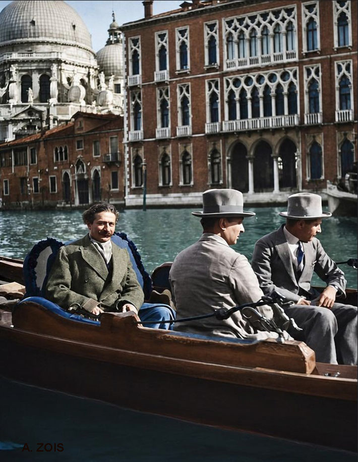 1932 : Meher Baba in Venice, Italy with Kaka Baria and Adi K. Irani. Image rendition by Anthony Zois.