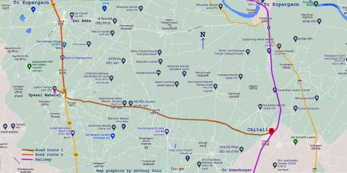 Map showing the railway & road routes to Sakori. Map graphics by Anthony Zois.