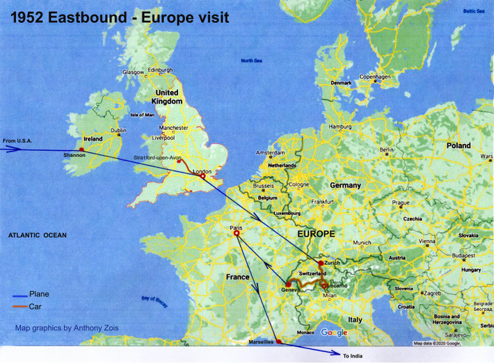 1952 : Eastbound route to India via England & Europe. Map graphics by Anthony Zois