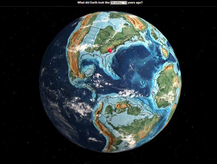 This globe shows what the continents looked like 90 million years ago. Myrtle Beach location is marked in red showing it was sunmerged under water at the time.