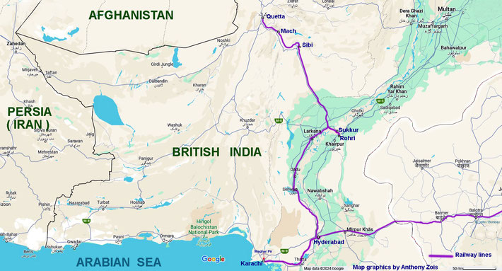 Map shows a close-up of Western British India & rail routes. Map graphics by Anthony Zois.