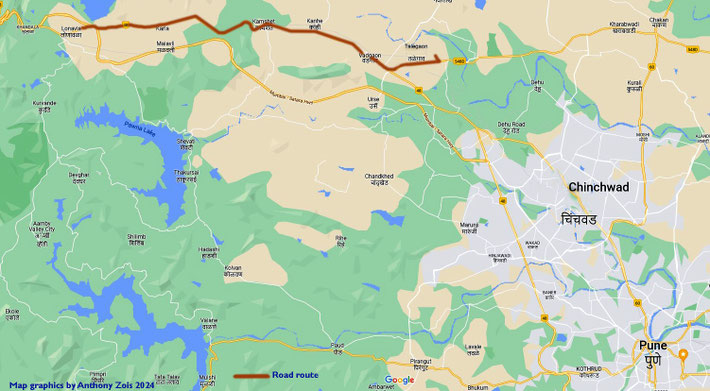 Map shows the road route between Lonavla and Talegaon, India. Map graphics by Anthony Zois.