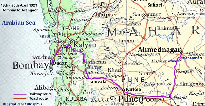 31st December 1923 : Journey from Meherabad to Bombay via Poona. Map graphics by Anthony Zois.