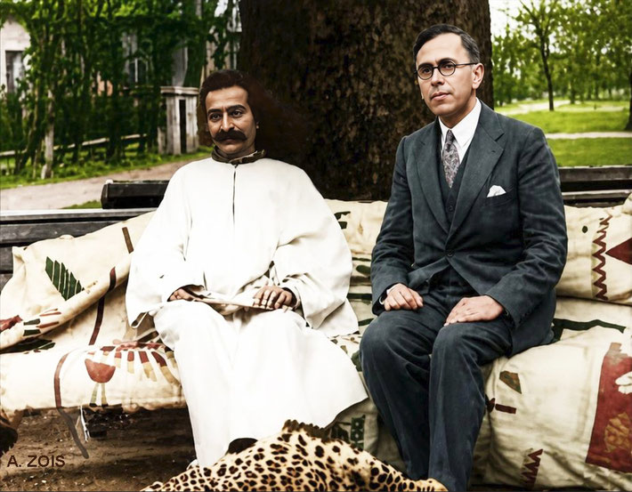 1932 : Meher Baba in the garden of the Davy's home in Kensington, London, with Charles Purdom being filmed by Paramount Newsreel. Image rendition by Anthony Zois. BP.