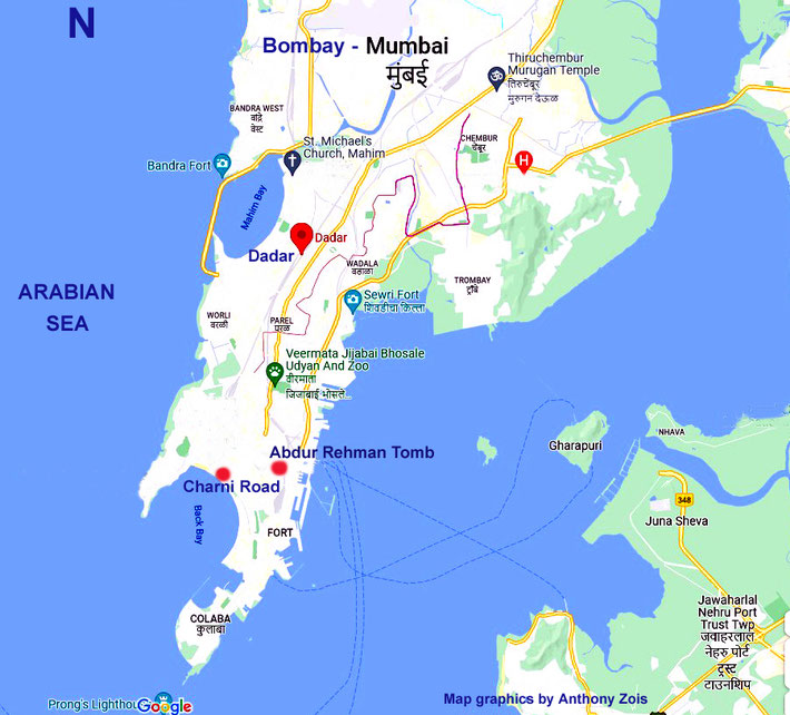 Map of Bombay showing the 2 principal places used by Meher Baba also the Tomb  of Abdur Rehman in 1922. Map graphics by Anthony Zois.