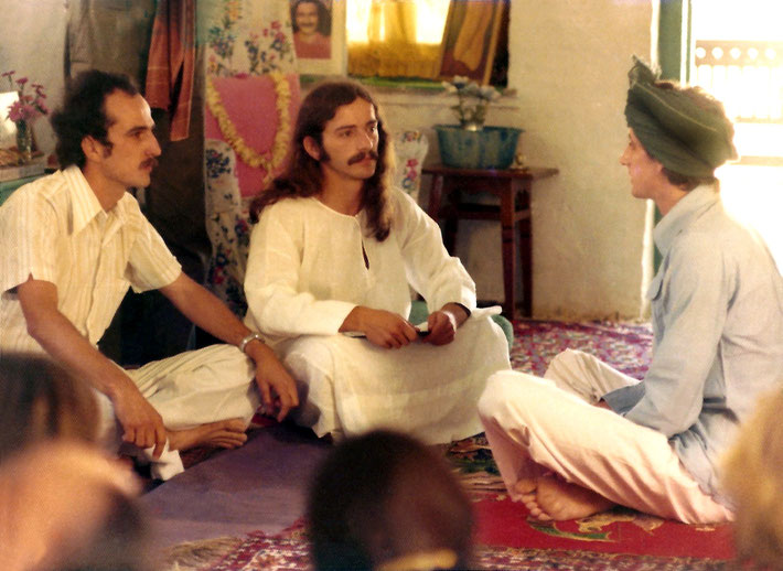 Jan.1975 - Australian group performing plays on the life of Meher Baba.   (L-R ) Tim Waidelich as Eruch, Tony Zois as Baba & John Borthwick as Kumar