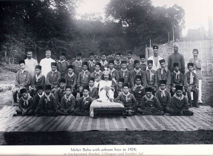 Coutesy of Lord Meher  Vol. 3  p.1018. Toka,India-Meher Baba is with the Meher school for boys, Baidul is in the back row standing in the black hat. Chhargan is next to him, also Baba's brother Jal Irani.