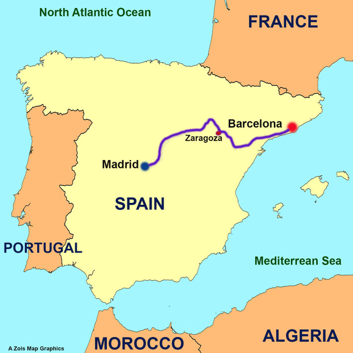 This map shows the train route taken on the "Zaragoza-Alicante Lines" from Madrid to Barcelona.  Map graphics by A. Zois.