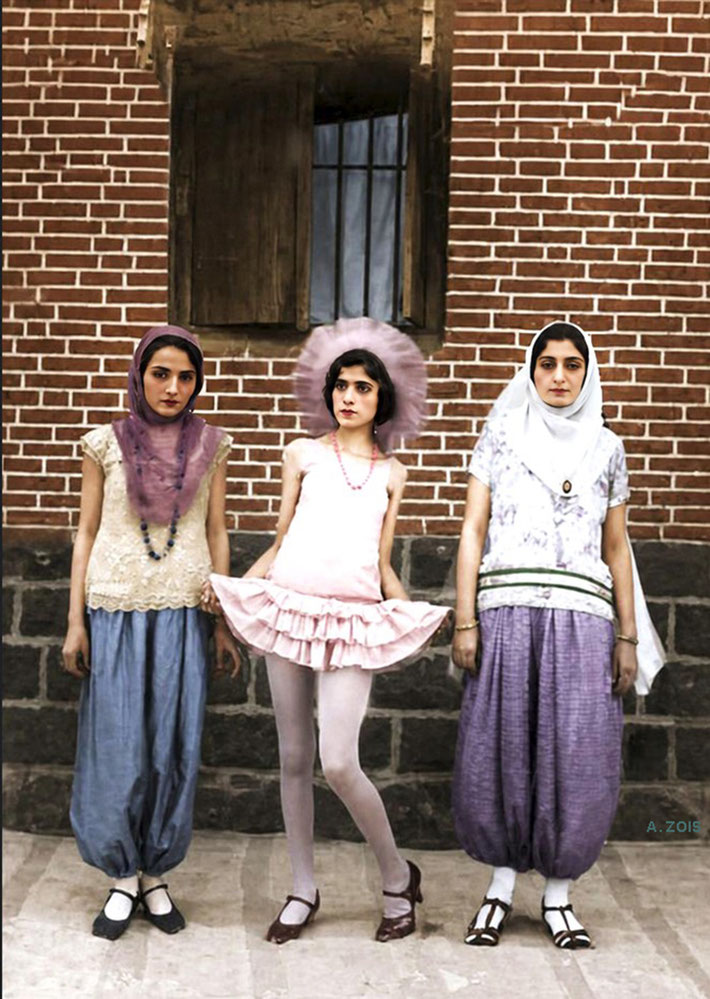 44.  September.  1932, India. (L-R) Mehera, Mani and Freiny (Mehera's sister) wearing costumes. BP