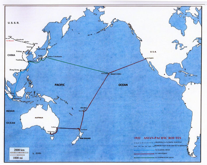    1932 ASIAN - PACIFIC SHIP ROUTES & SINO - RUSSIAN TRAIN ROUTES. Map details by Anthony Zois.