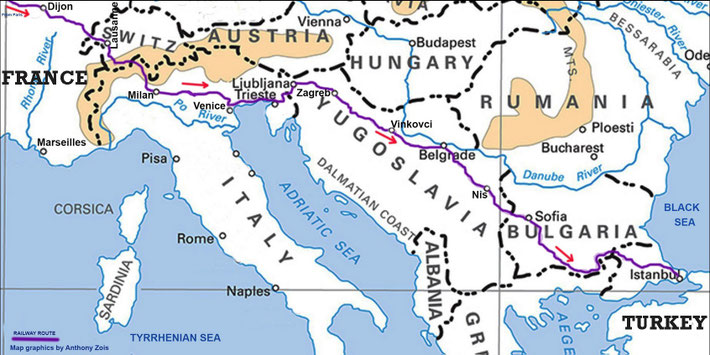 1931 : Simplon Express rail route from Dijon, France to Istanbul, Turkey.
