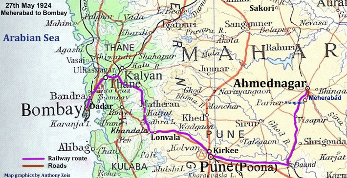 The map shows the rail route between Ahmednagar & Bombay. Map graphics by Anthony Zois.