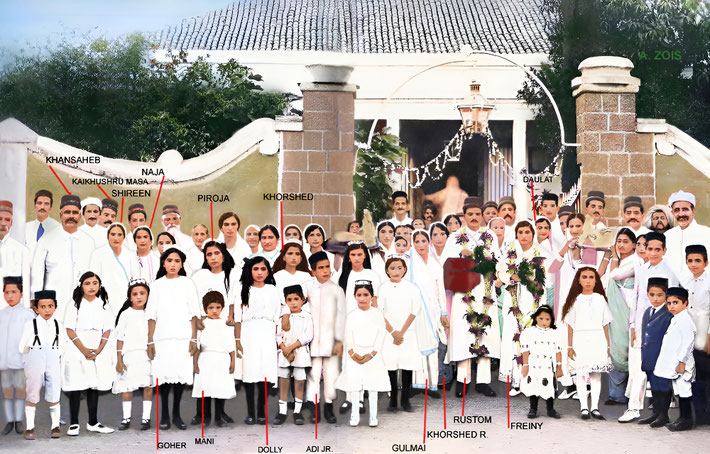 9th May 1923 : Rustom & Freiny's Wedding, standing outside the Parsi Fire Temple in Ahmednagar. Image rendition by Anthony Zois.