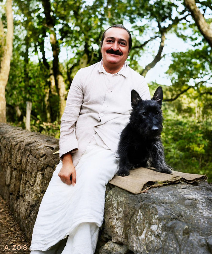 89.  Dec. 1946 : Mahabaleshwar, India. Baba with Cracker the terrier. BP