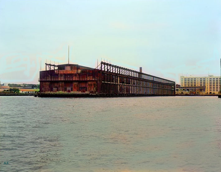The old pier 4 : VIEW WEST (REAR), SOUTH ELEVATIONS AND CONNECTING BRIDGE-PIER 4 - Brooklyn