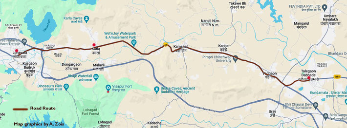 Map shows the road route between Lonavla and Talegaon, India. Map graphics by Anthony Zois.
