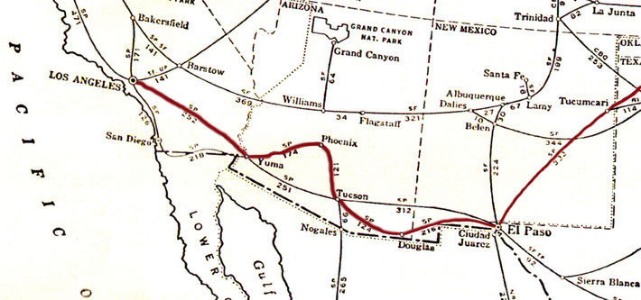 1932 Train route through New Mexico to Los Angeles, Ca. Route drawn by Anthony Zois