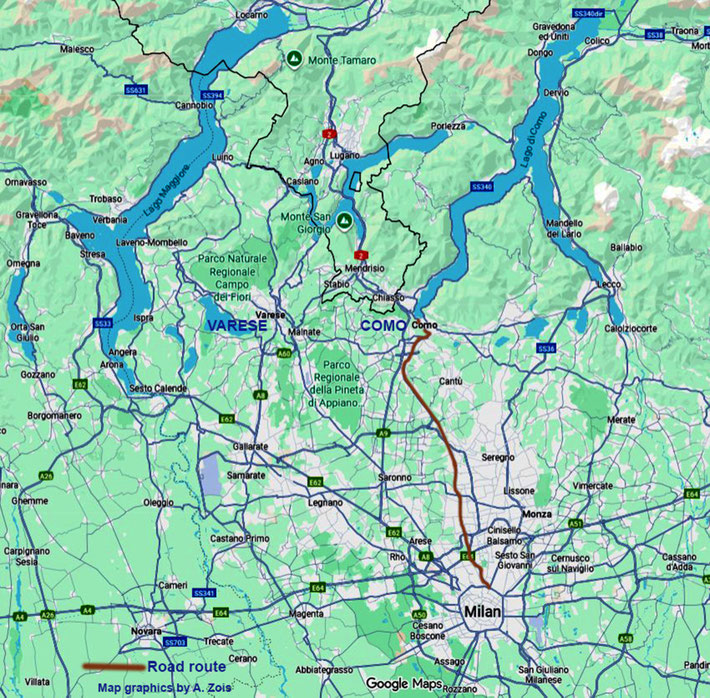 Map shows the road route to Como. Map graphics by Anthony Zois.