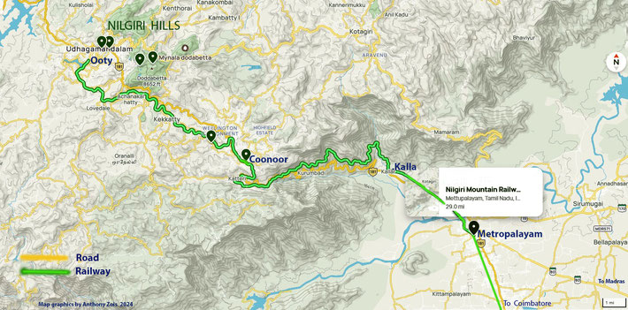 Map showing both Rail & Road routes from Coimbatore to Ooty. Map graphics by Anthony Zois.