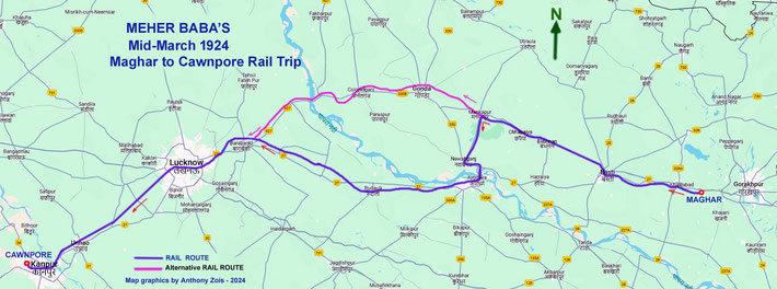 Map 5 : Rail journey from Maghar to Cawnpore- showing alternative route. Map grahics by Anthony Zois.