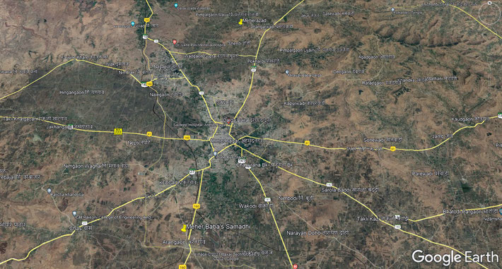  Present-day aerial map of Ahmednagar District. Yellow marker show Meher Baba's Samadhi & Meherazad. Map grahics by Anthony Zois.