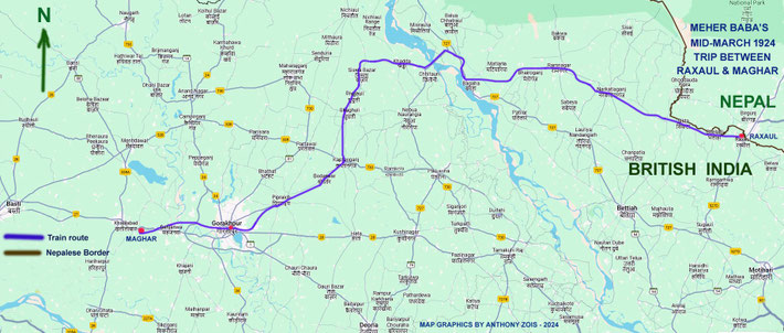 Rail map of the Raxaul to Maghar route. Map graphics by Anthony Zois.