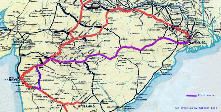 1915 Train route in purple : Poona to Calcutta. Map graphics by Anthony Zois.