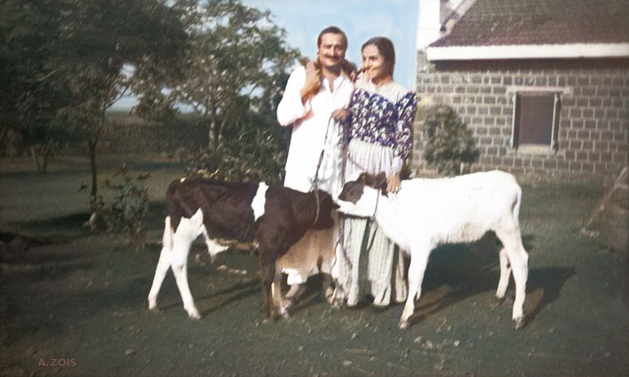 1930s : Meher Baba with Mehera at Upper Meherabad, India. Image rendition by Anthony Zois.