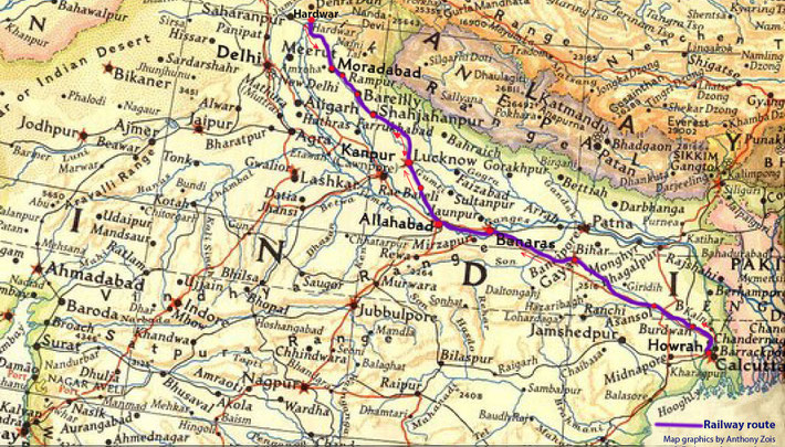 Map shows the train route from Howrah to Hardwar. Map graphics by Anthony Zois.