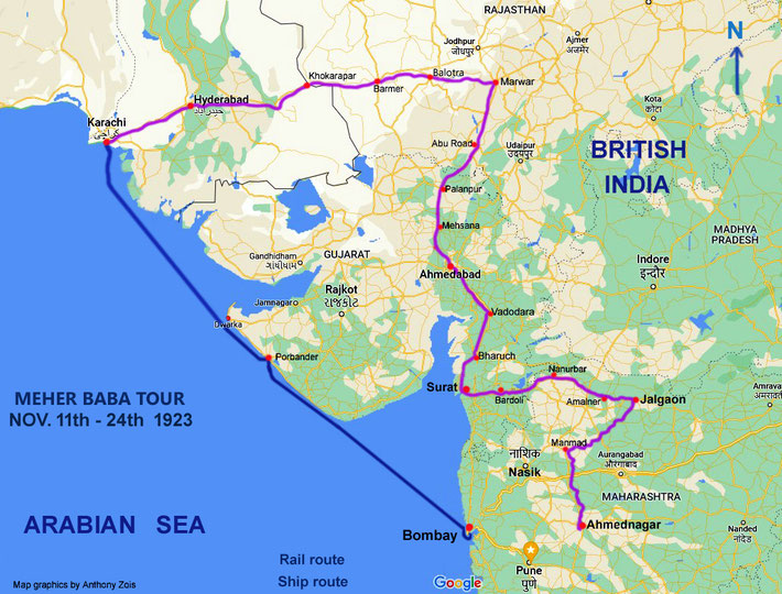 11th Nov. 1923 : Meher Baba's 2nd train trip to Karachi, Br. India. Map graphics by Anthony Zois.
